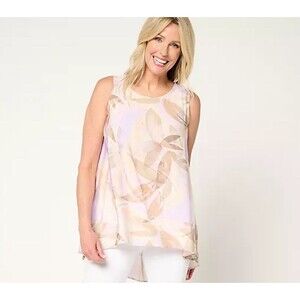 Susan Graver Top Sz L Regular Printed Dolce Textured Woven Tie Back Hi Low Tunic